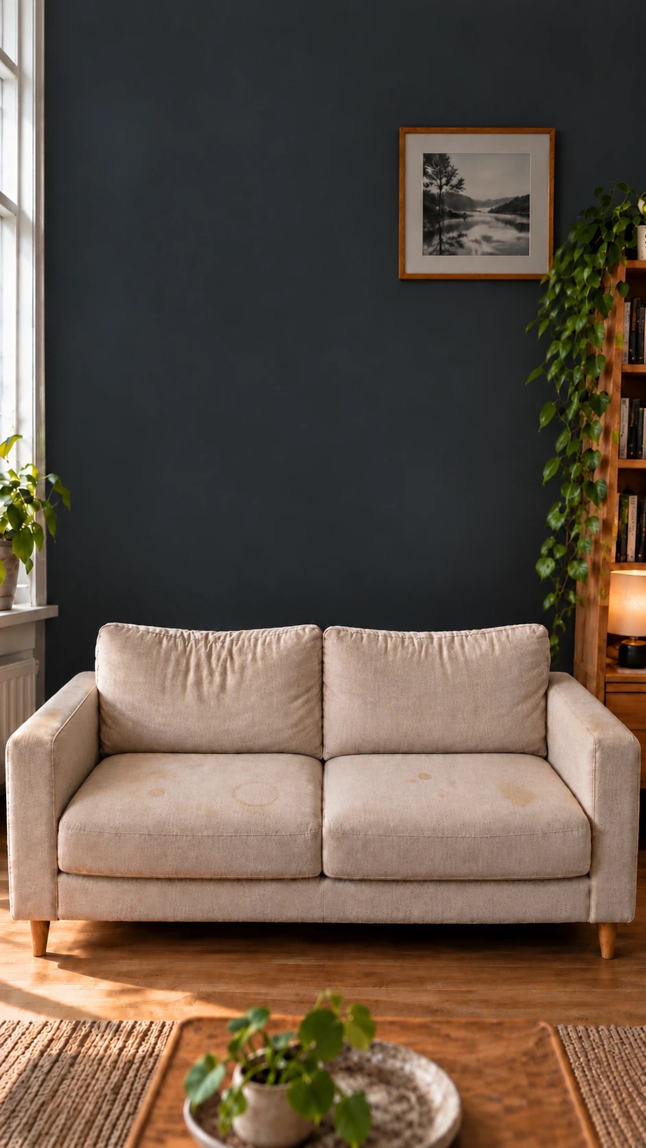 Beige sofa med flekker før rens, stue med mørk vegg