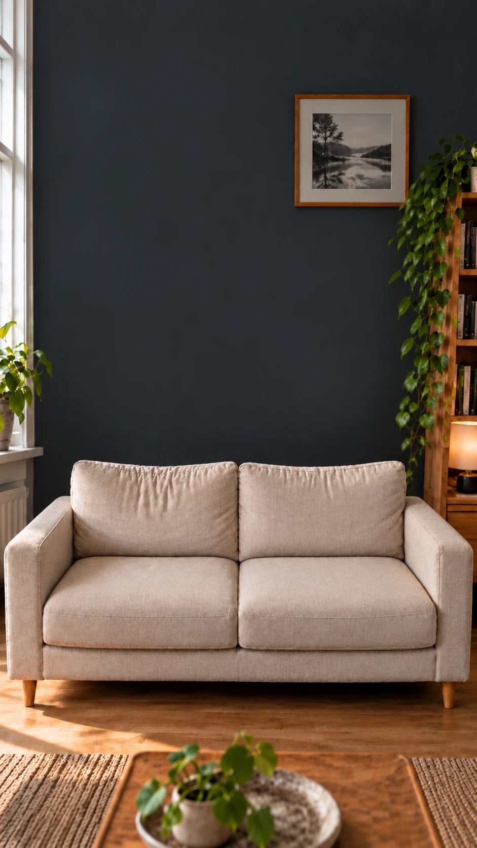 Ren beige sofa etter rens, stue med mørk vegg